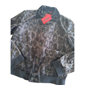 Hugo Boss Mens HaysonLeopard Print Bomber Jacket 38R Black Tonal Print Slim Fit